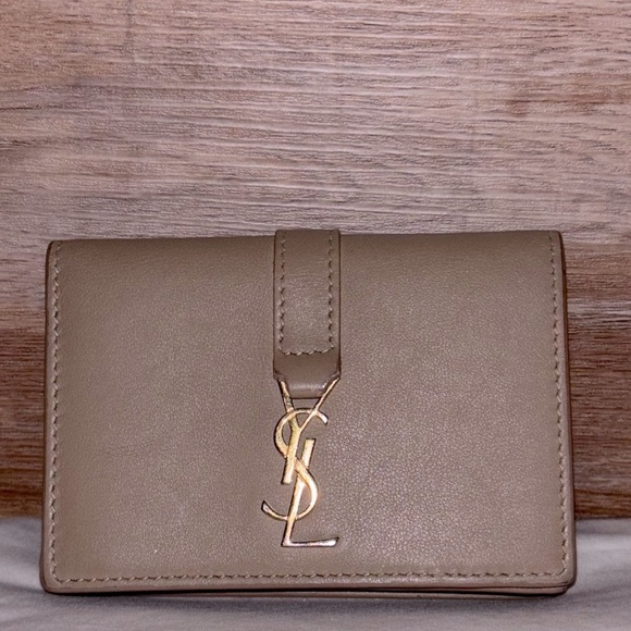 YSL Yves Saint Laurent Cassandra Warm Taupe Leather Trifold Compact Wallet - Picture 1 of 6